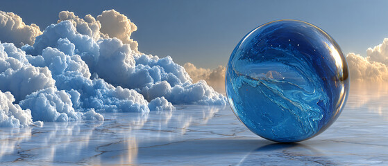  Surreal scene with a ball reflecting the sky, fluffy white clouds against a deep blue background