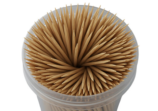 A container filled with wooden toothpicks on a transparent background