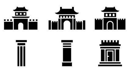 Obraz premium Silhouette icons of ancient temples and classical architecture elements