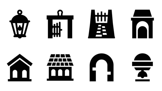 Collection of medieval silhouettes: gates, towers, and architecture icons