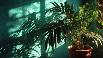 Lush foliage casting soft shadows, a dance of light on the wall