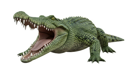Obraz premium Green Alligator PNG – Aggressive Crocodile with Open Mouth and Sharp Teeth Isolated on White