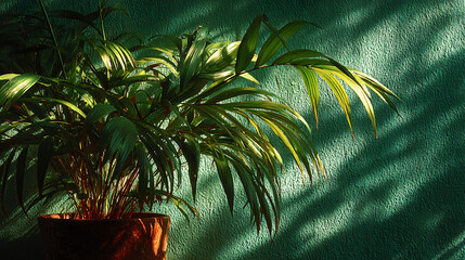 Planta vibrante em vaso, iluminada pelas sombras em uma parede verde