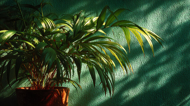 Planta vibrante em vaso, iluminada pelas sombras em uma parede verde