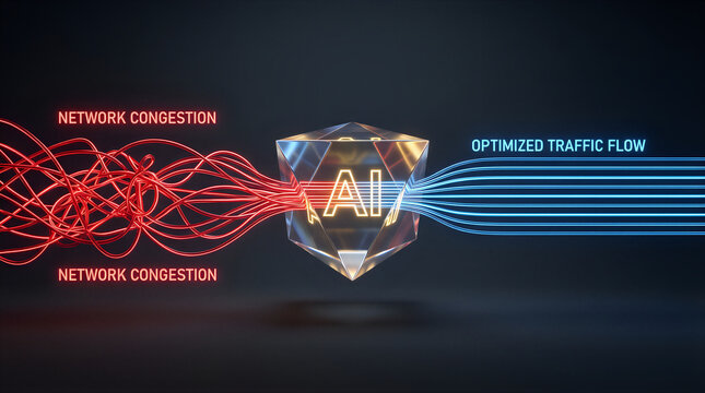 Conceptual 3D AI shield optimizing network traffic from congestion to smooth flow. Red tangled data lines transform into blue streamlined channels for efficient digital technology and data management