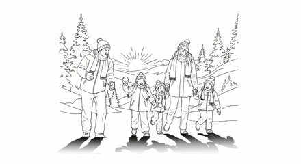 Obraz premium Joyful family in winter snow, sun rising over snowy hills and trees
