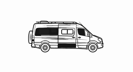 Line art of a cargo van with windows and roof rack, white background