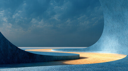  Ethereal scene with textured surfaces in blue and gold, an invitation for contemplation