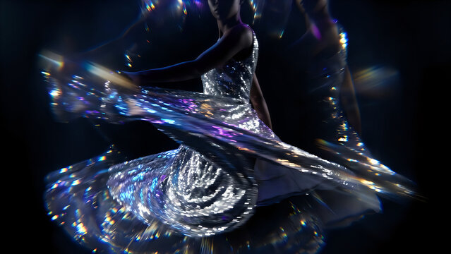 Woman twirling in sparkling sequin dress with motion blur. Fashion forward glamorous movement and dynamic style. Elegant evening gown concept for trendy video and modern runway trends