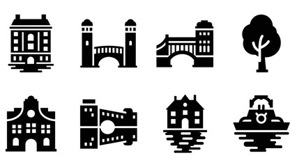 Fototapeta premium Urban silhouette icons of bridges and buildings