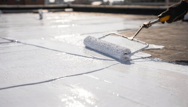 Footage focusing on reflective white roof coating spreading evenly demonstrating its energyefficient properties by reflecting sunlight and reducing rooftop heat absorption.