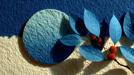 Artistic composition of blue leaves and circular shapes on textured paper, contrast between cool and warm colors