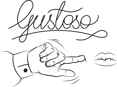 Italian gesture Gustoso for tasty food. Finger on cheek hand sign.