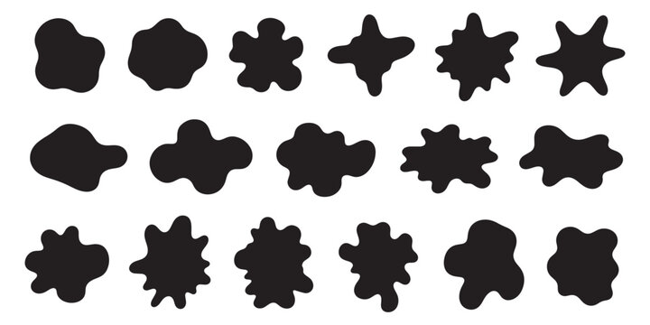 Vector set of black abstract blob shapes, collection of organic liquid elements and fluid ink splash symbols for modern graphic design.