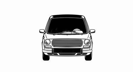 Front view of a vintage car in black and white line art style