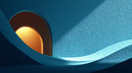 Abstract landscape with wavy shapes in shades of blue and gold, serene and tranquil atmosphere