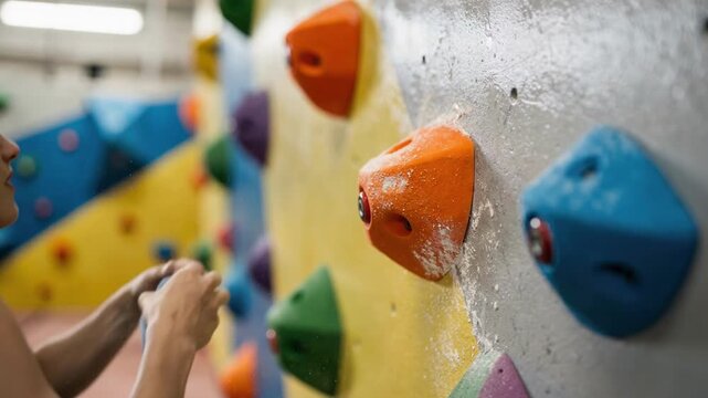 Closeup medium shot focusing on hand scrubbing bright grips in kids bouldering area soft focus on surrounding playful wall textures.