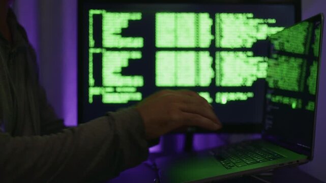 Night software development, Evening coding in purple room, Late night programming session with monitor glow, Nighttime coding expedition focusing on APIs and testing within vividly lit environment