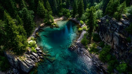 Aerial drone view captures a crystal clear heart-shaped turquoise lake nestled in a lush green pine forest with dramatic cliffs and ripples.