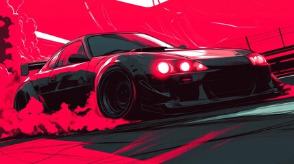 Obraz premium Vibrant comic style vector illustration of a sleek Japanese drift car positioned at the starting grid, driver focused inside, LED starting lights glowing red above, tire smoke wisping around custom