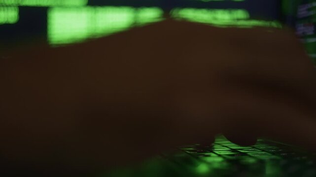 Hands hastily input data, intense scene of hurried keyboard actions under bright green lighting, closeup image capturing frantic hands working over keys amidst glowing digital console atmosphere