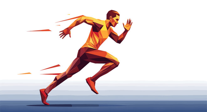 Abstract polygonal illustration of a man running, showcasing speed and dynamic motion. Ideal for fitness, sports, technology, and progress themes.