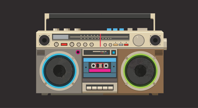 An intricate old-fashioned brown and grey boombox featuring a visible cassette player, numerous colorful buttons, and glowing blue and green speaker rings on a dark grey background.