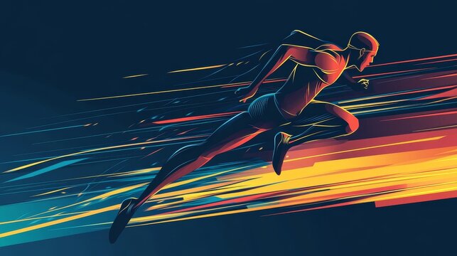 Modern abstract runner constructed from sweeping curved lines, profile view showcasing explosive energy, minimalist geometric design, sprinter pushing off starting position, sense of speed and