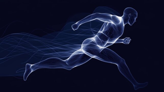Modern abstract runner constructed from sweeping curved lines, profile view showcasing explosive energy, minimalist geometric design, sprinter pushing off starting position, sense of speed and