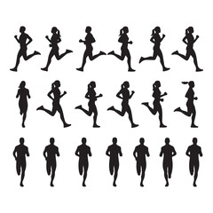 Obraz premium Running people silhouette icons, jogging human action symbols, fitness run outline icons, athlete movement vector pack, exercise running icons, sport activity silhouettes, fitness ui pack