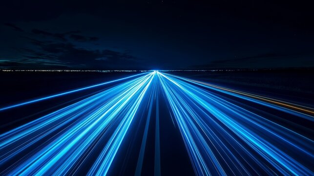 Abstract night driving visualization, high-speed velocity captured through radial blue light trails, empty highway stretching toward horizon, perspective vanishing point, sleek minimal design,