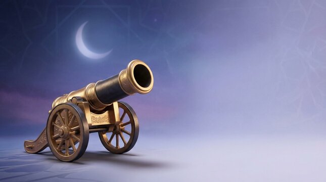 Minimal Ramadan Background with Ottoman Iftar Cannon (Ramazan Topu) and Copy Space (3D Render)