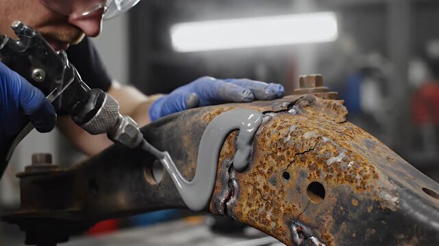 Automotive Rust Repair - A mechanic applies rust sealant to a heavily rusted automotive part to seal cracks. The sealant is being applied with a spray gun and preventing future moisture damage.