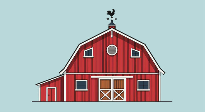 A traditional red barn with a distinct gambrel roof, clean white trim, and a prominent rooster weathervane atop its peak is depicted against a serene light blue background.