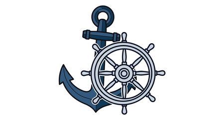Fototapeta premium A colorful illustration depicts a ship's dark blue anchor intricately combined with a ship's light blue steering wheel, rendered with clear shading against a white background.
