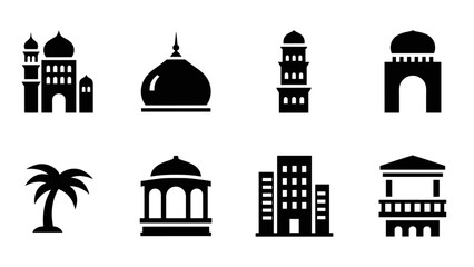 Fototapeta premium Silhouette icons of iconic architecture featuring mosques and arches