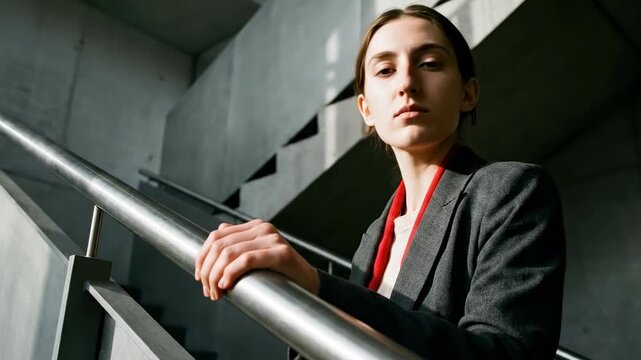female big nose - A thoughtful young woman rests her hands on a sleek railing, gazing into the distance amidst a modern concrete architecture, illuminated by soft natural light