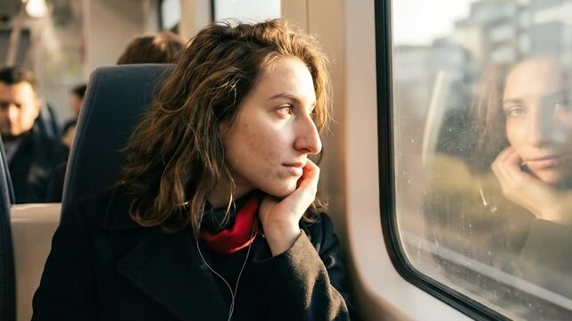 female big nose - A thoughtful woman gazes out a train window, lost in contemplation as the scenery blurs by, surrounded by fellow passengers in a serene travel moment