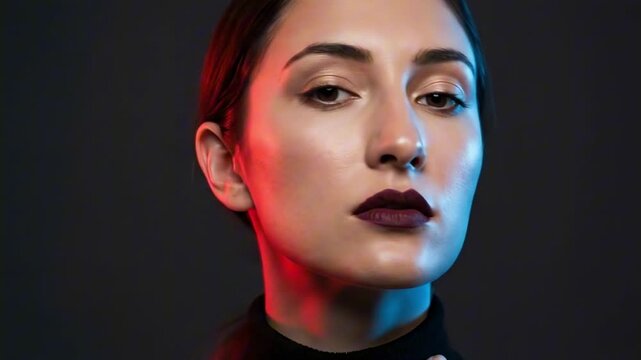 female big nose - A close-up portrait of a woman with closed eyes, her face softly illuminated by contrasting blue and red lights, exuding calm confidence and elegance