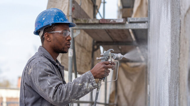 Construction black worker spray painting exterior wall using airless paint sprayer on scaffolding.