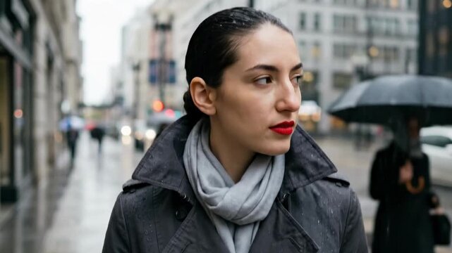 female big nose - A woman with a contemplative expression stands under rain-soaked streets, dressed in a stylish coat and scarf, with city traffic and pedestrians visible in the background