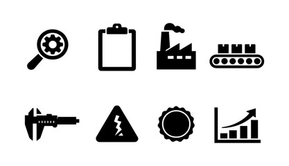 Industrial icons set with magnifying glass, clipboard, factory, conveyor, caliper, warning, gear, chart