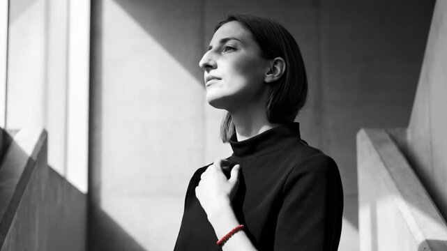female big nose - A woman stands in a minimalist architectural space, gazing upward with a serene expression. Soft light streams in, casting shadows that enhance her contemplative mood