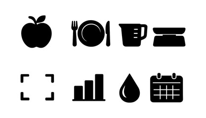 Set of food and health icons including apple, plate, measuring cup, scale, chart, water drop, calendar