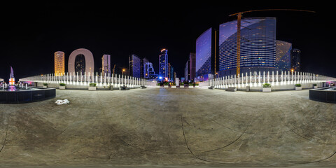 night panorama 360 near skyscraper multistory buildings with illumination of residential quarter complex in full equirectangular seamless spherical projection