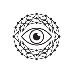 AI computer vision icon, futuristic technology and surveillance symbol with an all-seeing eye in a digital network, vector line art.