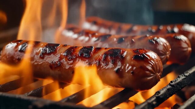 Sausages grilling on fire over barbecue with flames, sizzling and cooking, close-up shot.