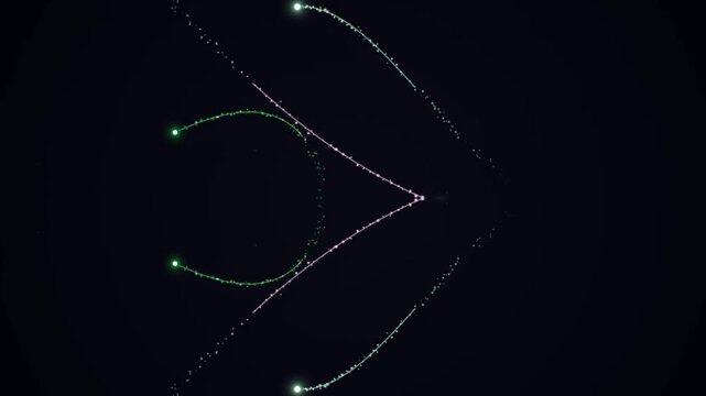 A green dotted line curves across a black background forming a celestial map