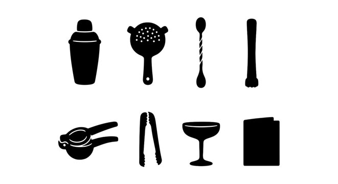 Silhouette set of cocktail bar tools and glasses for bartending