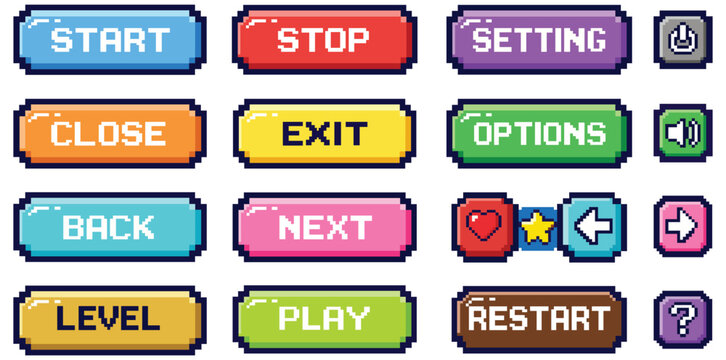 Pixelated Interface: A collection of pixelated buttons with various text commands and icons, creating a nostalgic retro aesthetic.